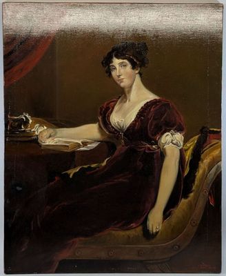 painting of a woman in a red dress sitting at a table with a cat