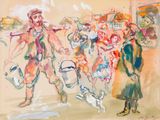 a painting of a group of people walking down the street