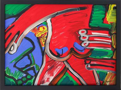 peinture abstraite aux couleurs vives représentant une femme tenant un couteau et une fourchette