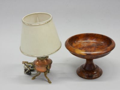 une paire de lampes de table en laiton et en bois, ainsi qu'un abat-jour