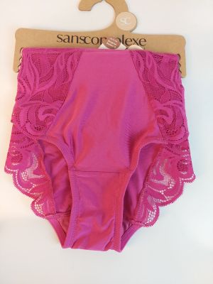 the pink panties are on a hanger on a white wall