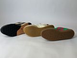 three pairs of children ' s shoes are lined up on a white surface