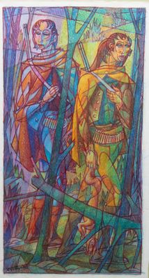 une image représentant un tableau où figurent un homme et une femme dans une forêt
