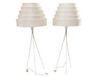 deux lampes blanches montées sur un trépied métallique, avec un abat-jour blanc