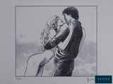 drawing of a man and a woman kissing in a black and white photo