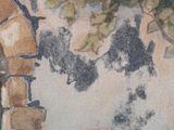 a painting of a cat sitting on a bench in front of a stone wall