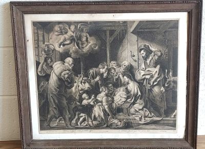 tableau représentant un groupe de personnes rassemblées autour d'une crèche