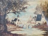 une photo d'un tableau représentant un village au bord de l'eau