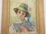 une peinture à l'huile représentant une femme portant un chapeau de paille orné d'un ruban bleu