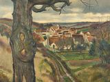 une image représentant un tableau d'un arbre avec un village en arrière-plan