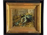 une peinture à l'huile sur toile représentant un lapin dans une meule de foin