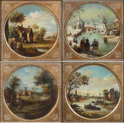 quatre tableaux représentant une scène fluviale avec des personnages sur un pont