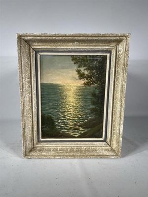 a painting of a sunset over the ocean with a tree in the foreground