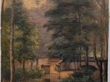 une peinture à l'huile d'une maison dans une zone boisée avec des arbres