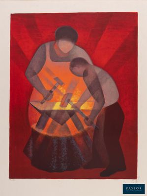 une image représentant un tableau où l'on voit un homme et une femme tenant un marteau devant un feu