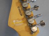 the neck of a guitar with a lot of knobs on it