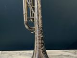 a silver trumpet sitting on top of a marble counter top