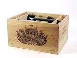 a wooden box with two bottles of wine in it