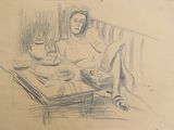 un dessin représentant une femme assise à une table sur laquelle se trouve une assiette de nourriture