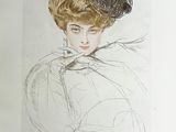 a drawing of a woman with a hat on her head