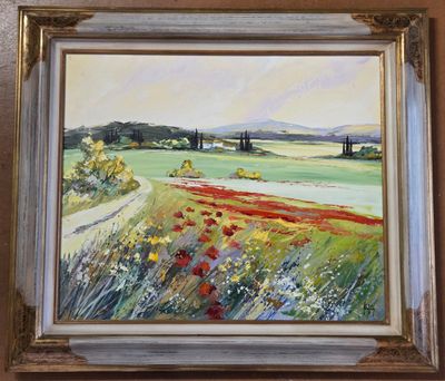 an oil painting of a field with poppies and a house in the distance