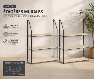 2 étagères murales en bois naturel avec éclairage noir – ensembles de mobilier de chambre à coucher noirs