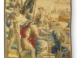 an image of a tapestry with a painting of a man holding a sword