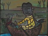 painting of a man in a boat with a fish in the water