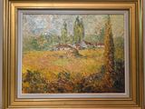 une peinture à l'huile d'un champ avec une maison au loin