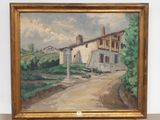 an oil painting of a house on a hill with a dirt road in front of it