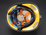 a yellow helmet with blue and orange straps on it