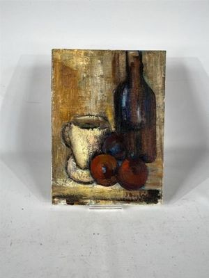 a painting of a still life with a wine bottle and plums