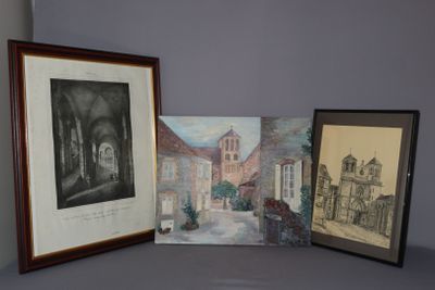 three framed pictures on the table next to each other