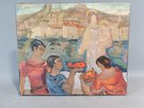 un tableau représentant un groupe de personnes assises sur une plage