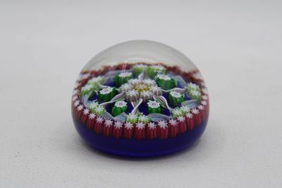 purple and green flower inside a glass ball on a white surface