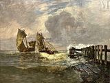 une peinture représentant un bateau sur l'eau près d'un embarcadère
