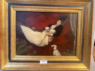 a painting of a man and a woman on a hammock with a dog