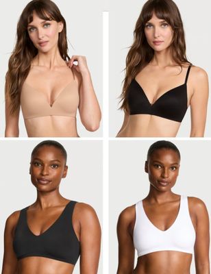 quatre photos différentes d'une femme portant un soutien-gorge et une culotte