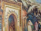 an oil painting of a building with people standing outside of it