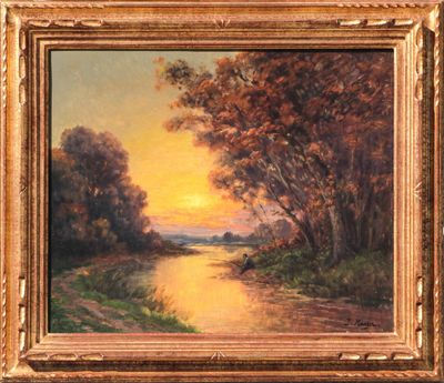 an oil painting of a sunset over a river with trees in the foreground