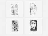 quatre dessins en noir et blanc représentant des personnes sur fond blanc
