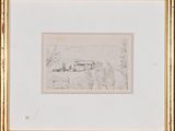 a drawing of a landscape with a house in the distance