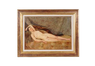 tableau représentant une femme nue allongée sur un lit avec un oreiller