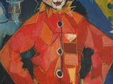a painting of a clown standing in front of a horse