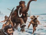 une illustration représentant un groupe d'hommes marchant à travers un champ recouvert de neige