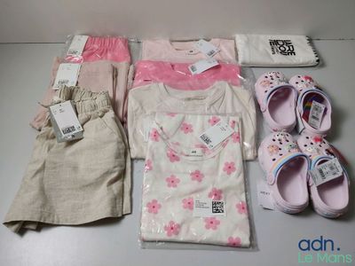 a lot of baby clothes and shoes on the table