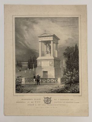 an old engraving of a monument in a park with a man standing next to it