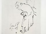 un dessin en noir et blanc représentant un homme et un chien