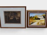 two framed pictures of a man and a woman in a field