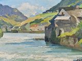 un tableau représentant une rivière qui traverse une vallée